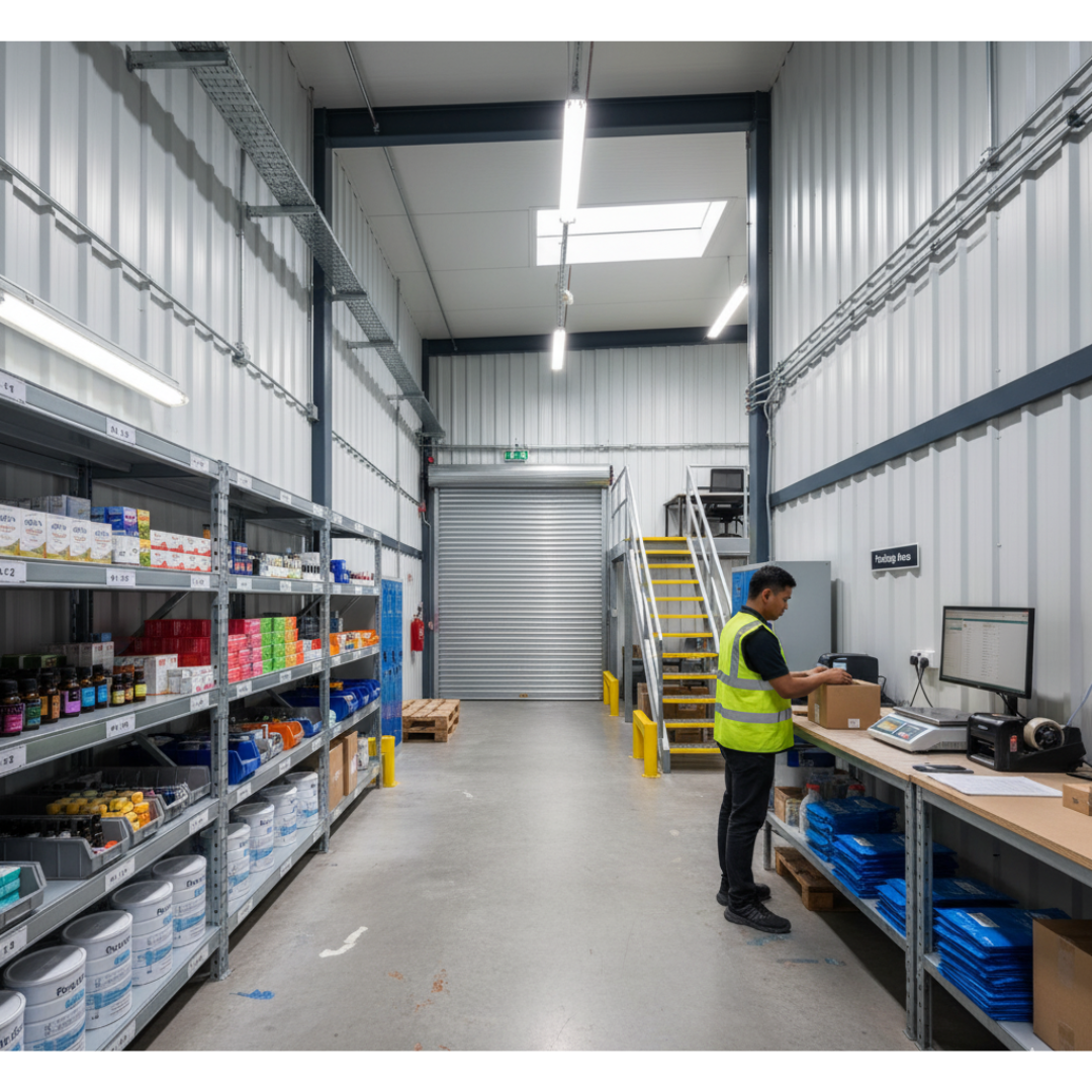 Warehouse packing area and workstation
